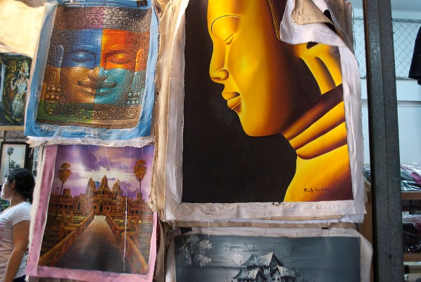 Paintings for sale at Psah Chas (Old Market), Siem Reap, Cambodia.